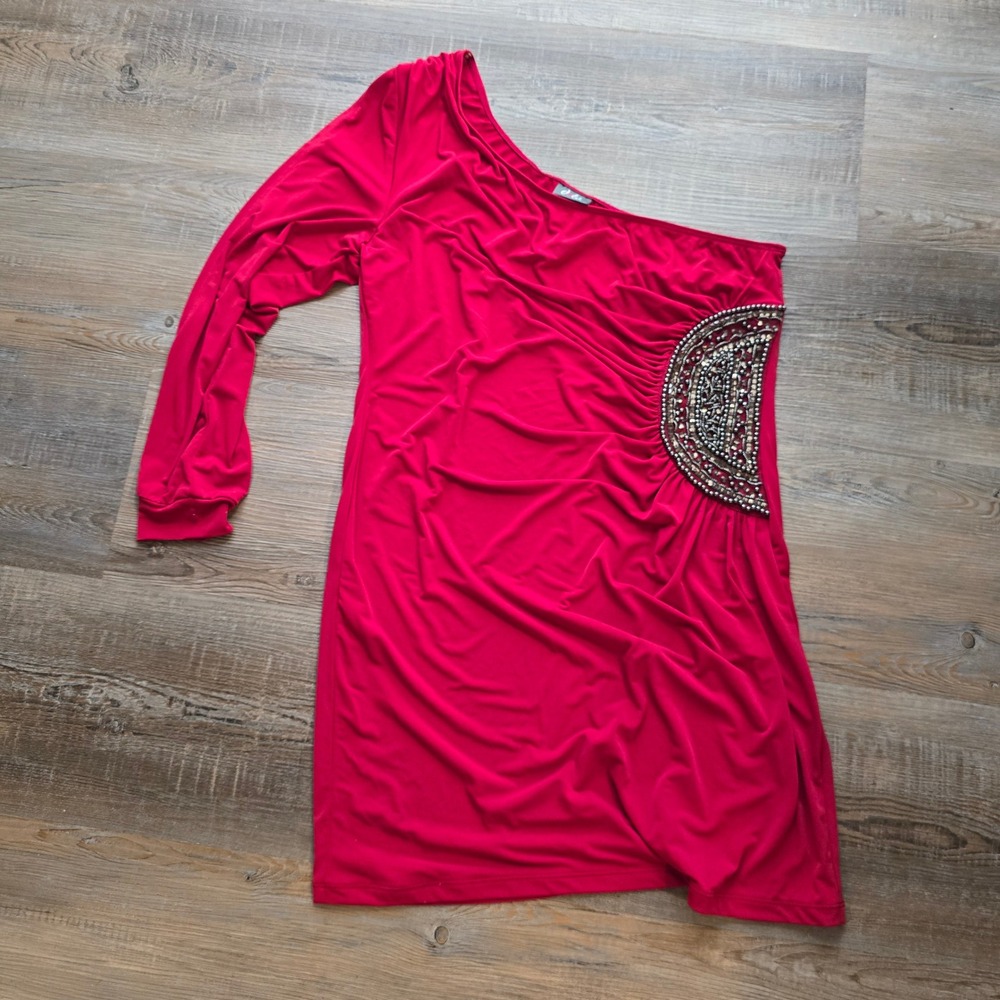 New Dots Women Red One Shoulder Beaded Ruched Mini Dress Size XL